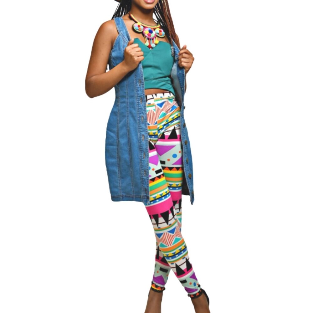 GEOMETRIC Aztec Tribal Print Multicolor Leggings One Size S-XL - NEW